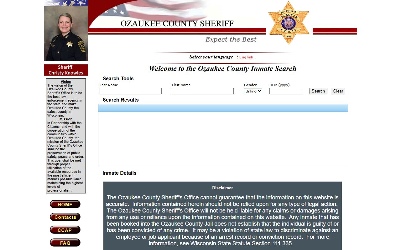 Ozaukee County inmate locator search fields for jail roster lookup