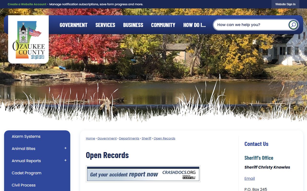 Ozaukee County Sheriff's open records page for jail and booking record requests